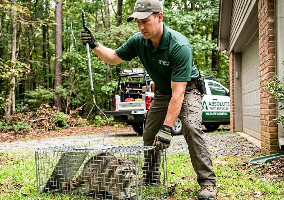 APS wildlife removal technician working outside a home