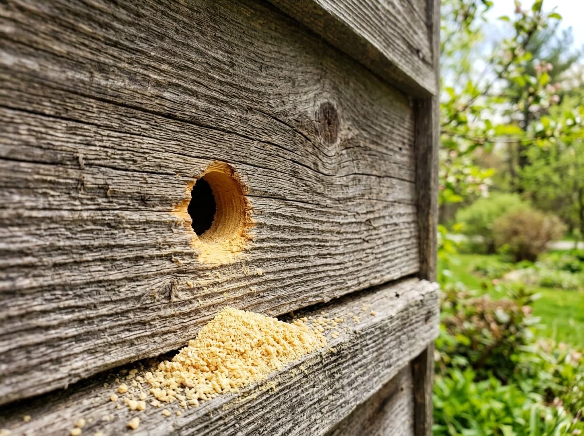 Close-up of carpenter bee holes and wood damage